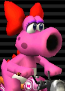  Birdo about to take he Zip Zip for a free ride when she sees six odd-colored ponies appear por way of a warp pipe.