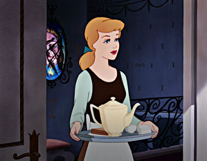 Cinderella stood in the doorway holding a tray for Beast.