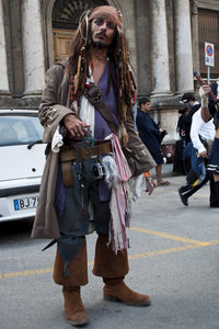  A Jack Sparrow impersonator who is clearly in character.