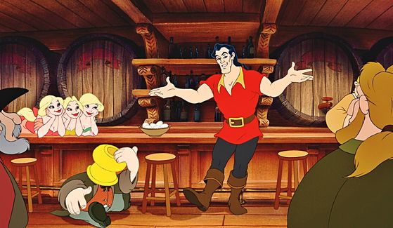  Gaston impressing the costumers in the tavern, the swooning Bimbettes, a spittoon-topped Le Fou and, most important of all, himself.