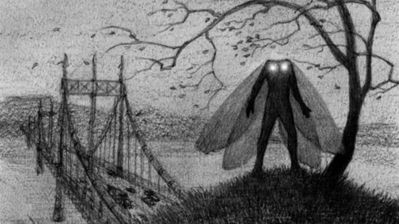  3. Mothman- This creature is identifiable da its trademark glowing eyes, which resemble burning coals and bicycle lights. It is also distinguishable da its high pitch screech, which in some cases, has dato eyewitnesses headaches and even made them sick.