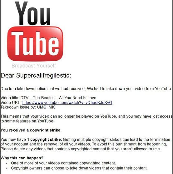  A user getting an correo electrónico on youtube that he/she has a copyright strike.