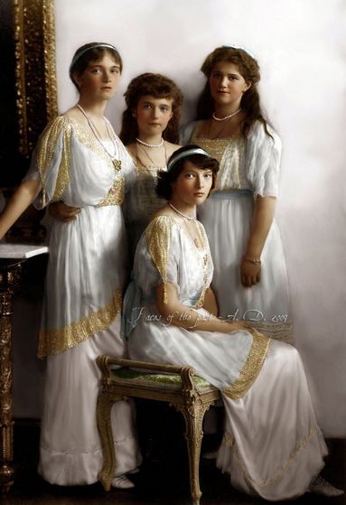  The Romanov Girls (L to R: Olga, Anastasia, Maria, with Tatiana sitting) Editted to be in color