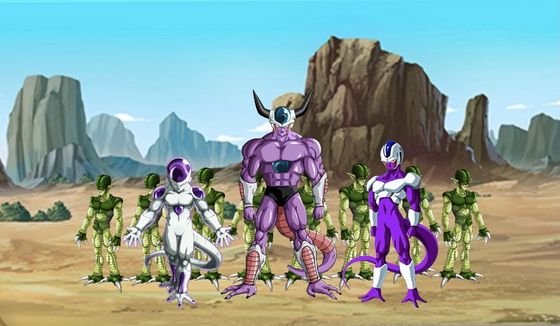  King Cold, Frieza, Cooler, Adult Saibermen, (The Young Z-Fighters face off against King Cold, Frieza, and Cooler.)