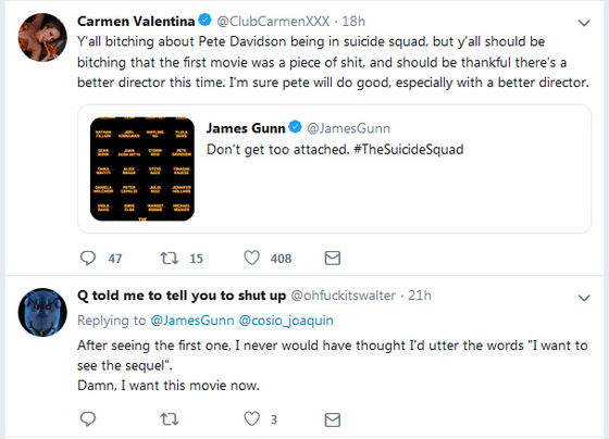  Aren't you guys glad I decided to keep this artikulo short and classy, and not mention SS-bashing garbage that James Gunn has been liking on twitter? Oops, I dropped a screencap...
