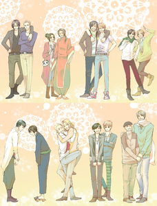  The hetalia - axis powers characters with their Japanese seiyuus (voice actors)! I amor this picture so much. <3