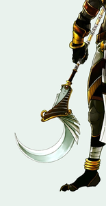 Oh almost forgot. The weapon he really uses is a khopesh, and ancient Egyptian sword.