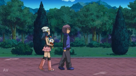  Hikari walking with Shinji, discussing his rivalry with Satoshi. [b]From DP 186: Rival Decisive Ba