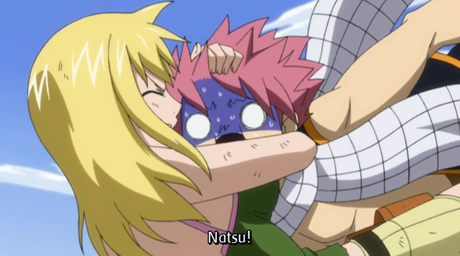  Lucy protecting Natsu - No.2 In the Oración Seis Arc when they're falling down from the waterfall
