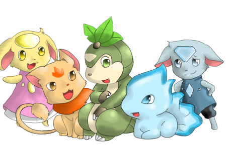 Okay I finished drawing the three starters. The two guys next to them are the legendary twins I was t