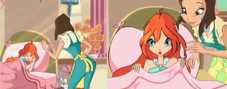 These photos were taken from Nick's version of Winx Club. When Bloom is sleeping, she's wearing her c