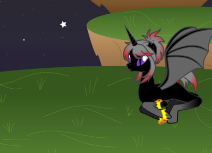 Name:Skia
Type:Alicorn
Gender:Female
Description:Coal black with gray legs. Gray and red mane and 