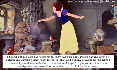 I see no problem with Snow White (and other female characters, for that matter) being seen doing hous