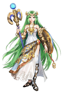 Palutena from Kid Icarus: Uprising

Both have green hair and are holding something.