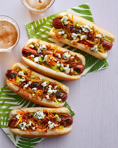 Buffalo Onion Dogs

Ingredients
3 tablespoons butter
2 large onions, thinly sliced
4 large clove