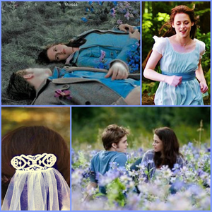 mine (edited by mia) - Edward and Bella in their meadow(wearing blue and surrounded by blue  flowers,