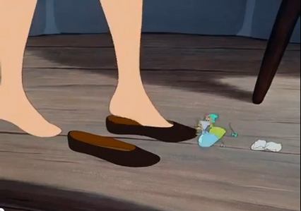 I don't think it matters.

Here's Cinderella putting on shoes.

Next find or MAKE something to ce
