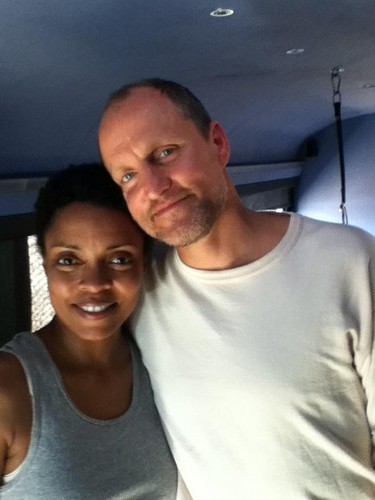 Maria Howell and Woody Harrelson on Catching Fire set