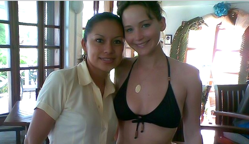 Jennifer Lawrence in hawaii with a fan