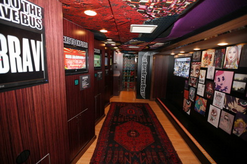 Photos of the interior of 'The Born Brave Bus'