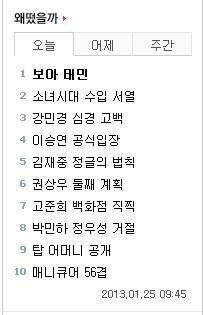  130125 'BoA Taemin' ranked #1 in Nate 검색 and hot topic