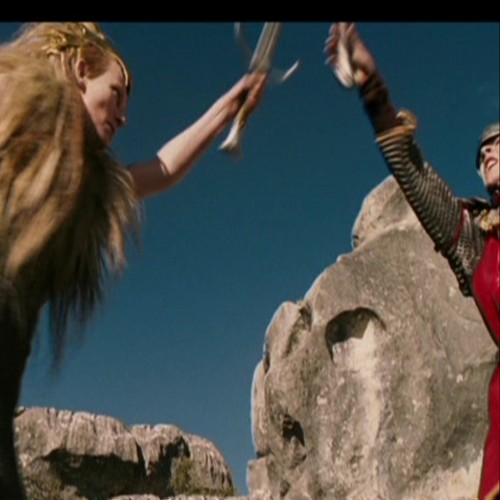 Jadis knocks the sword out of Edmunds hand.