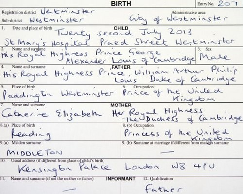  A detail of the birth record of Prince George of Cambridge.