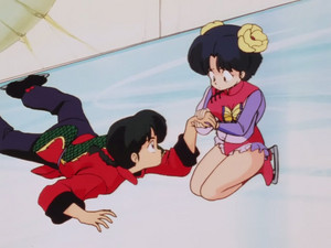  Akane begging Ranma not to get anymore hurt, even if P-chan was on the line.