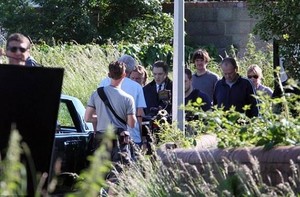  Tom Hardy with crew on set for Legend in Essex, June 2014