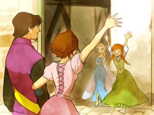  Anna and Elsa welcoming Rapunzel and Eugene