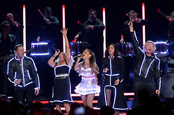  Ariana Grande and Little Big Town’s Karen Fairchild performing at the 48th annual CMA Awards