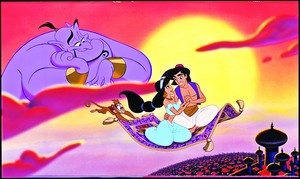  Walt Disney Production Cels - Genie, Abu, Carpet, Princess hoa nhài & Prince Aladdin và cây đèn thần