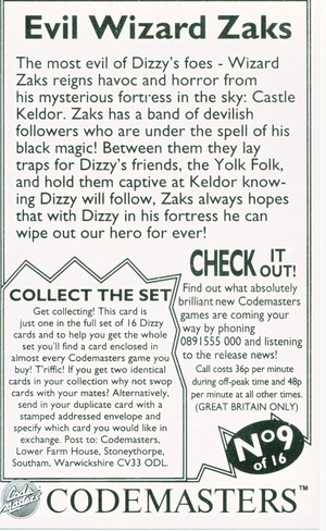  Dizzy Cards: Evil Wizard Zaks - Back