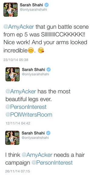 Sarah Shahi complimenting Amy Acker’s bodyparts