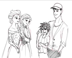 Tadashi and Hiro with Elsa and Anna