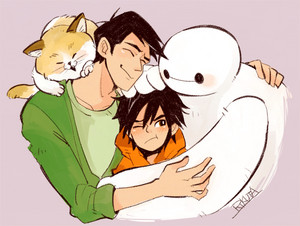 Tadashi, Hiro, Baymax and Mochi