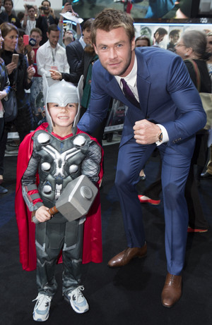 Chris Hemsworth with Micro-Thor at Red Carpet at Avengers Age of Ultron UK Premiere