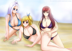  Lucy, Erza and Mira on the de praia, praia