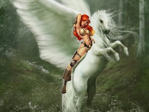 Red Sonja rides on her noble white pegasus steed