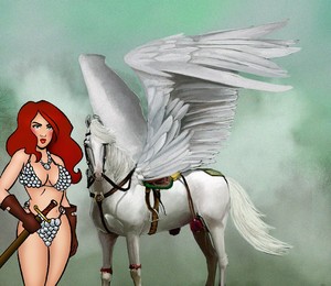 Red Sonja with her pegasus steed