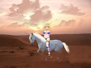  Tiffania riding across the desert on her beautiful unicorn destriero