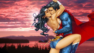 wonder woman & superman at sunset 