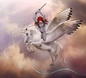 Red Sonja riding her Noble Winged Unicorn Steed