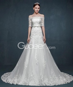 a line vintage off the shoulder half sleeves lace wedding dress 1