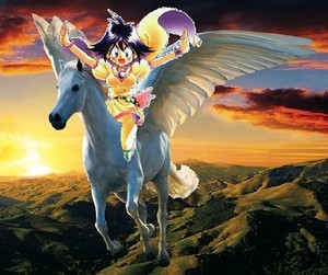 Amelia riding on her Noble Beautiful Pegasus Steed