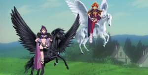 Lina Inverse and Naga the Serpent racing each other on their Beautiful Pegasi