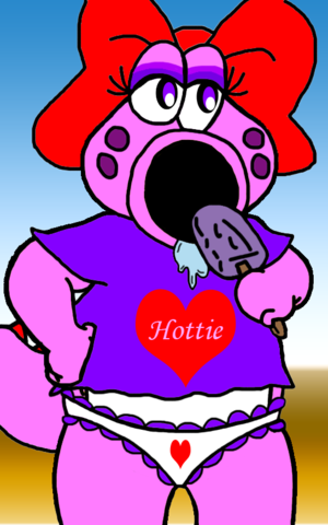 Birdo eating a popsicle and wearing a t shirt and frilly heart print panties