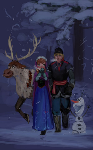 Kristoff and Anna with Olaf and Sven