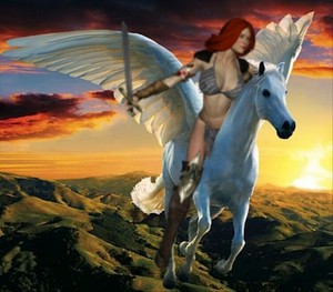  Red Sonja riding her Beautiful Noble White Pegasus corcel, steed