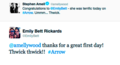 Stemily's very first tweet! [3rd August 2012] - stephen-amell-and-emily-bett-rickards photo